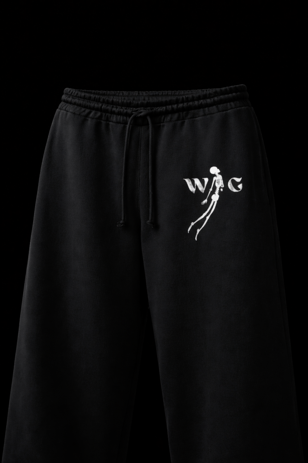 Black sweatpants with a white logo on a black background