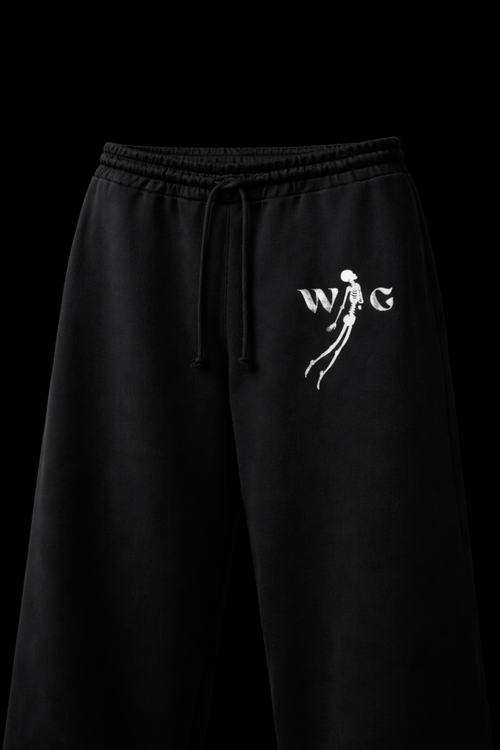 Black sweatpants with a white logo on a black background